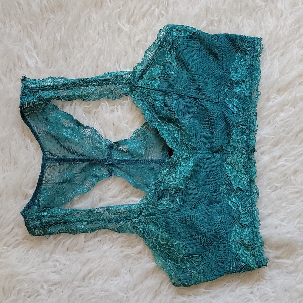 Anna Grace Intimates Embroidered Floral Lace Racerback Bralette Emerald Green